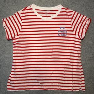ST JOHN'S BAY Women's Plus 1X Striped Cotton T-Shirt Red White Casual